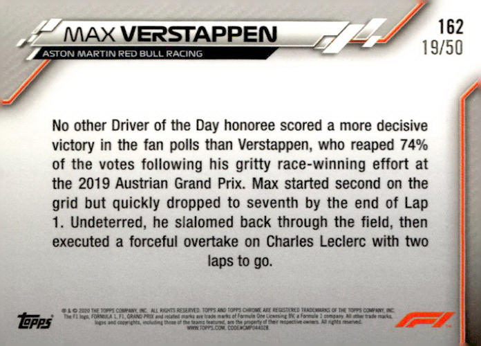 2020 Topps Chrome Formula 1 #162 Max Verstappen Gold Refractor #/50