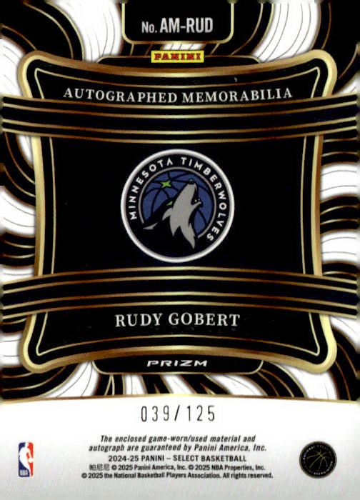 2024-25 Panini Select #AM-RUD Rudy Gobert Autographed Memorabilia #/125