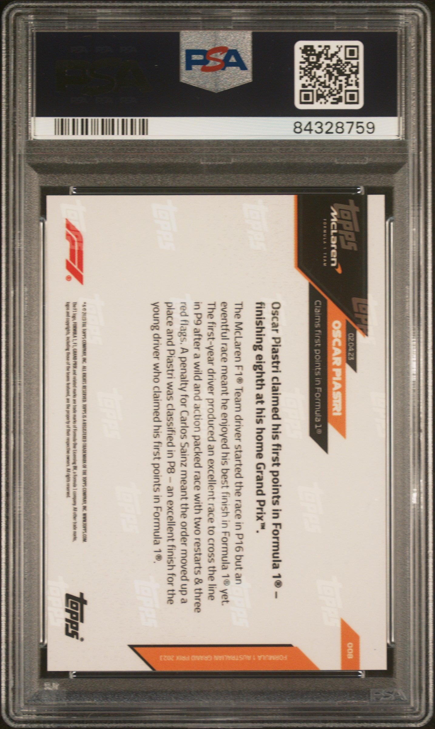 2023 Topps Now Formula 1 #8 Oscar Piastri PSA 8 NM-MT