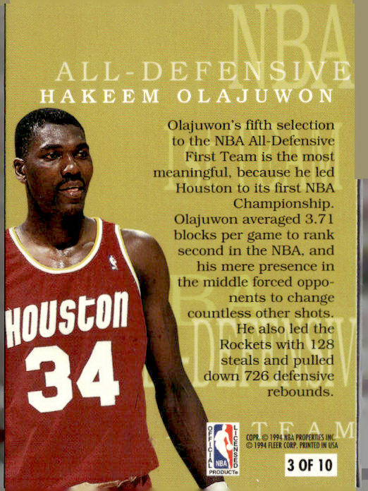 1994-95 Fleer #3 Hakeem Olajuwon All-Defensive Team
