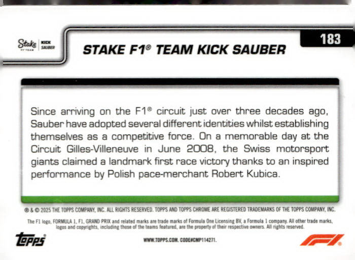 2025 Topps Chrome Formula 1 #183 Stake F1 Team KICK Sauber LOGO