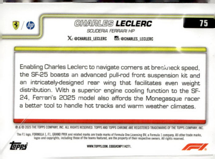 2025 Topps Chrome Formula 1 #75 Charles Leclerc Black & White RayWave Refractor