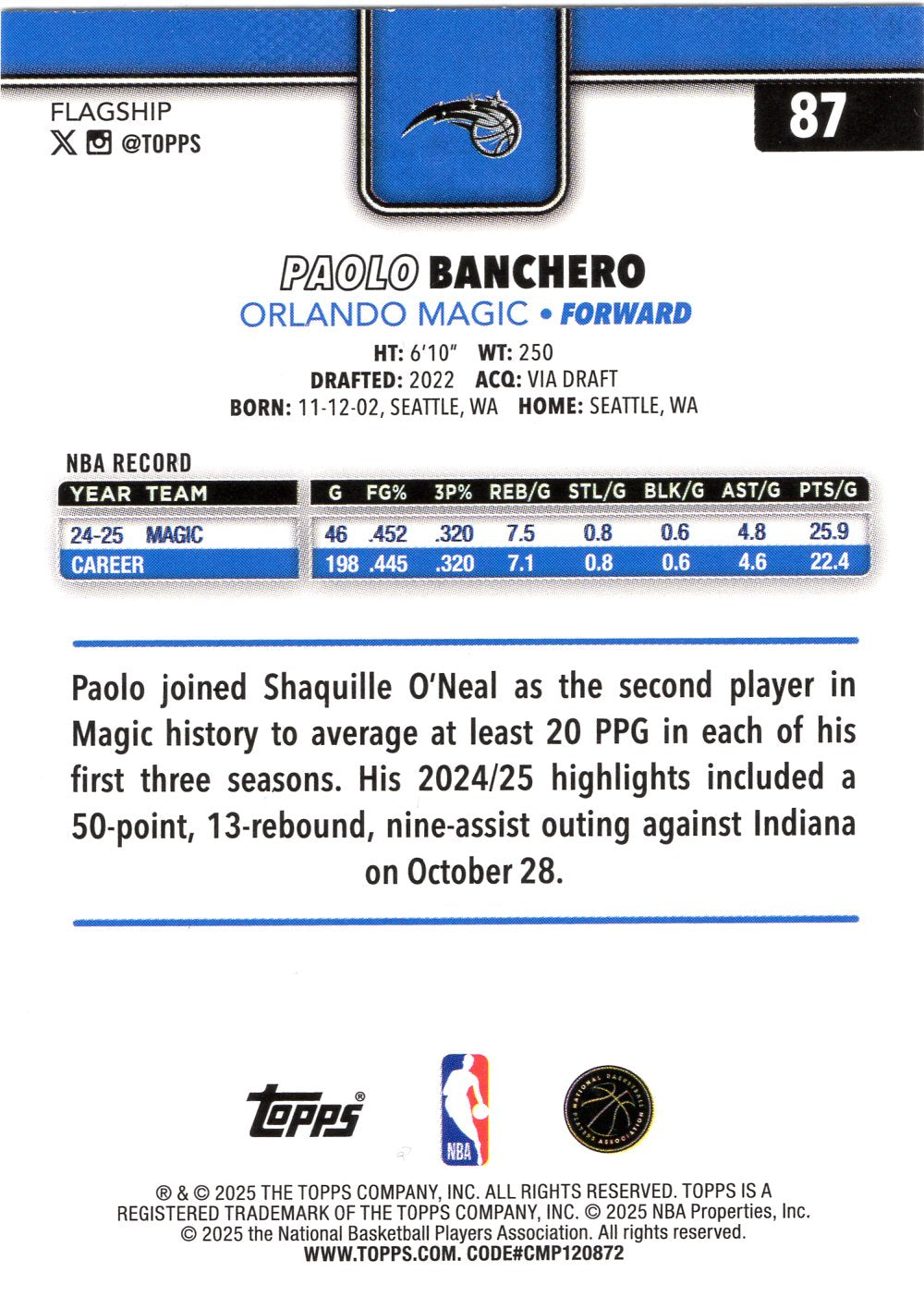 2025-26 Topps #87 Paolo Banchero