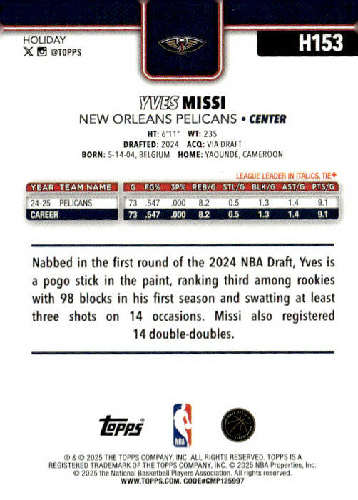 2025-26 Topps Holiday #H153 Yves Missi Glitter Holiday