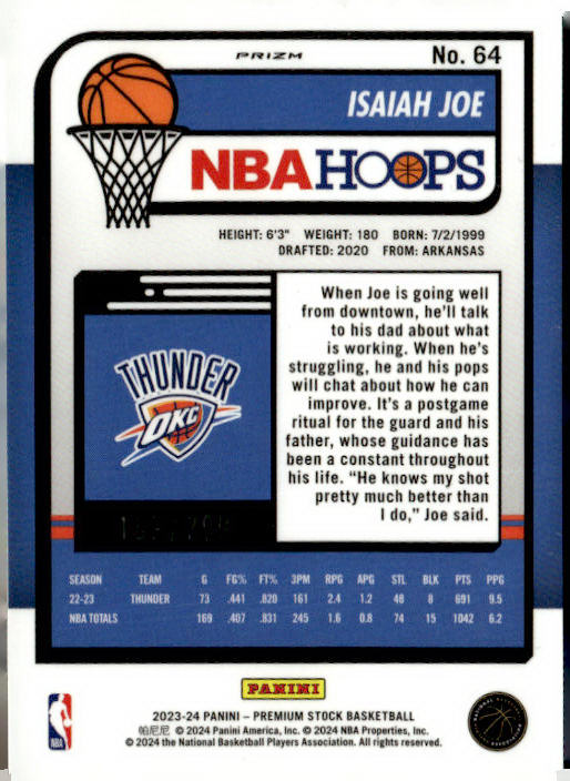 2023-24 Hoops Premium Stock #64 Isaiah Joe Orange Prizm #/299