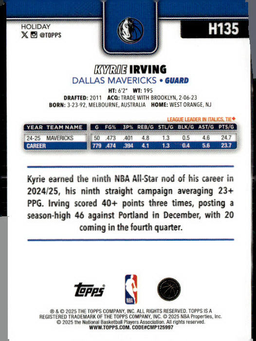 2025-26 Topps Holiday #H135 Kyrie Irving