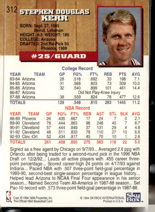 1993-94 Hoops #312 Steve Kerr Fifth Anniversary Gold