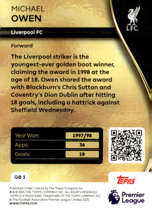 2025-26 Topps Premier League #GB 3 Michael Owen Golden Boot Limited Editions