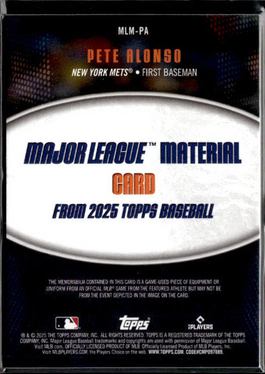 2025 Topps #MLM-PA Pete Alonso Major League Material Relics (Series One)