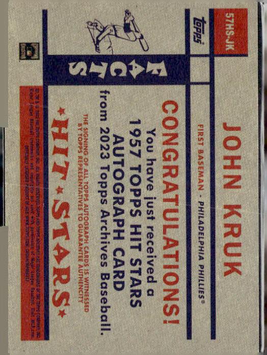 2023 Topps Archives #57HS-JK John Kruk 1957 Topps Hit Stars Autographs