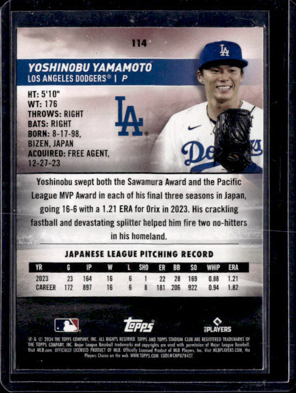 2024 Stadium Club #114 Yoshinobu Yamamoto