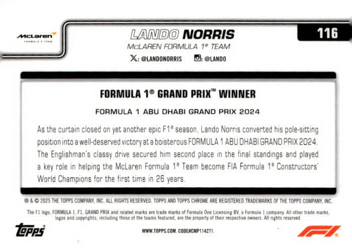 2025 Topps Chrome Formula 1 #116 Lando Norris