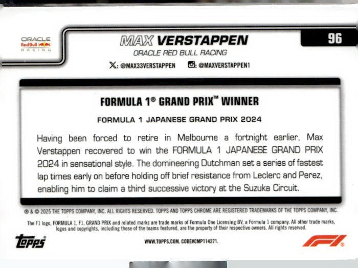 2025 Topps Chrome Formula 1 #96 Max Verstappen