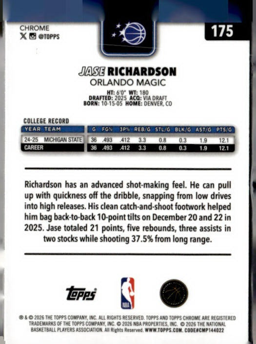 2025-26 Topps Chrome Update #175 Jase Richardson
