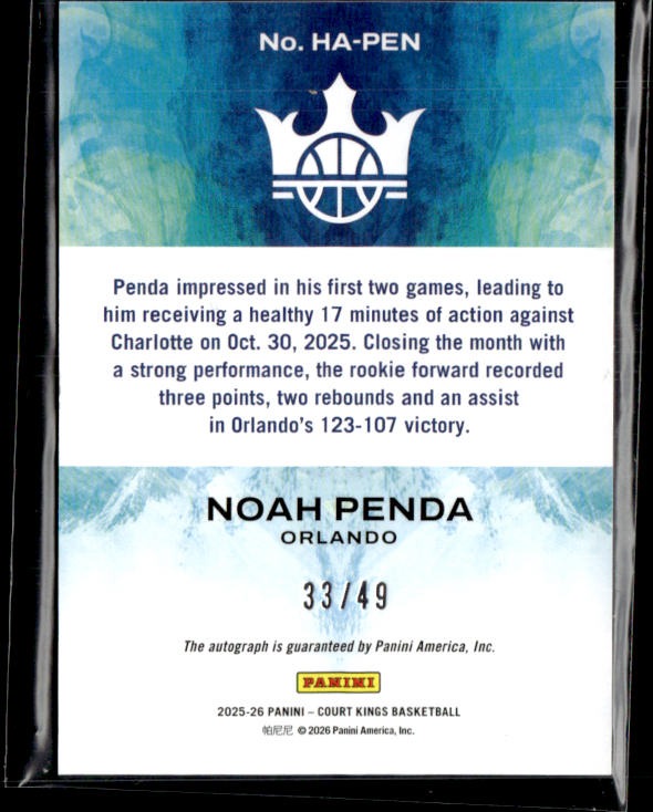 Noah Penda Auto (Orlando Magic) /49 Rookie (RC)