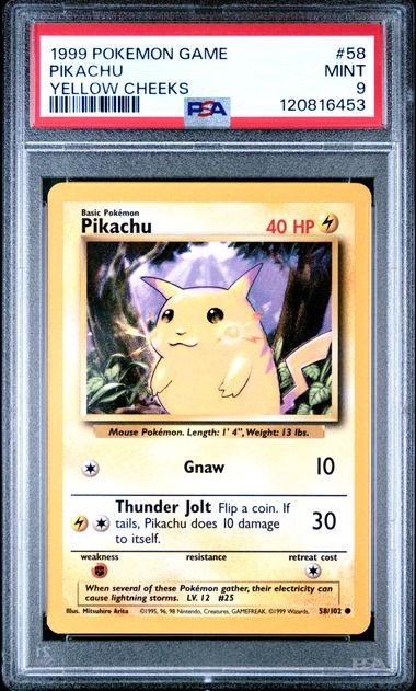 PSA 9 MINT Pikachu Yellow Cheeks #58 Base Set 1999 English