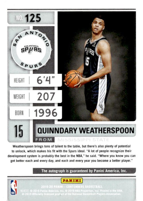 Quinndary Weatherspoon 2019-20 Panini Contenders Playoff Ticket RC Auto #125 San Antonio Spurs /72