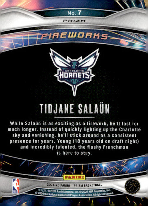 Tidjane Salaün 2024-25 Panini Prizm Basketball Fireworks #7 RC - Charlotte Hornets