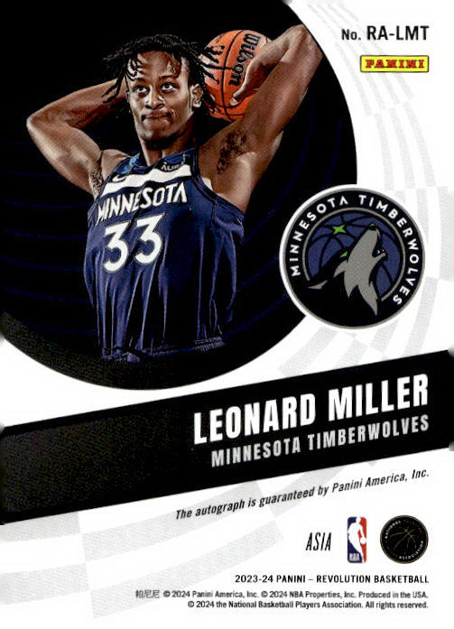 Leonard Miller 2023-24 Panini Revolution Basketball Rookie Autograph #RA-LMT Asia RC - Minnesota Timberwolves