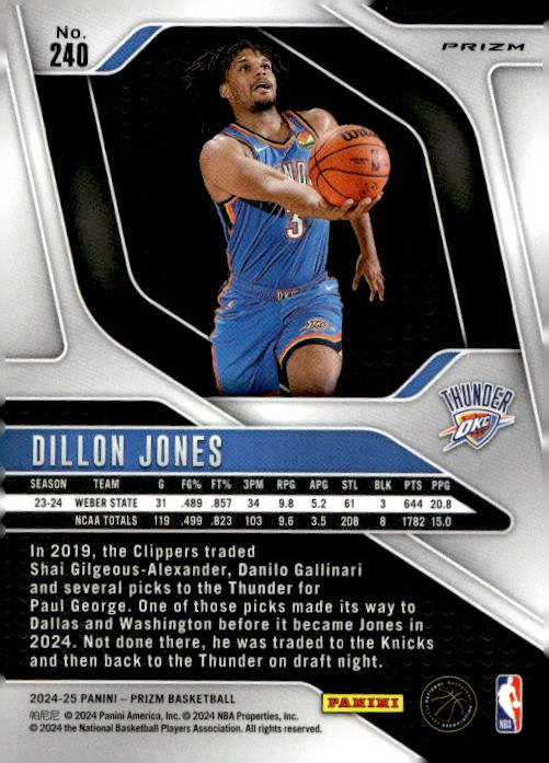 Dillon Jones 2024-25 Panini Prizm Basketball #240 RC - Oklahoma City Thunder