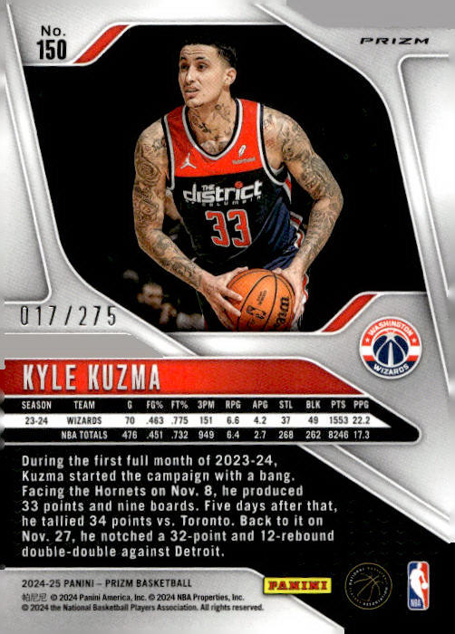 Kyle Kuzma 2024-25 Panini Prizm Basketball #150 017/275 - Washington Wizards