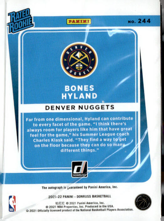 Bones Hyland - 2021-22 Panini Donruss Rated Rookie Autograph No. 244