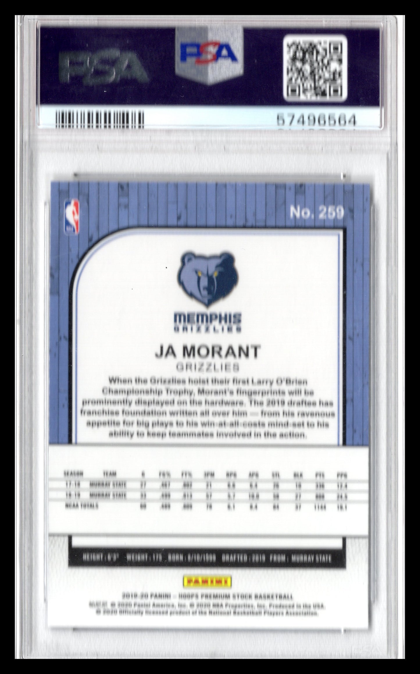 2019-20 Hoops Premium Stock Ja Morant RC #259 PSA 9 - Front