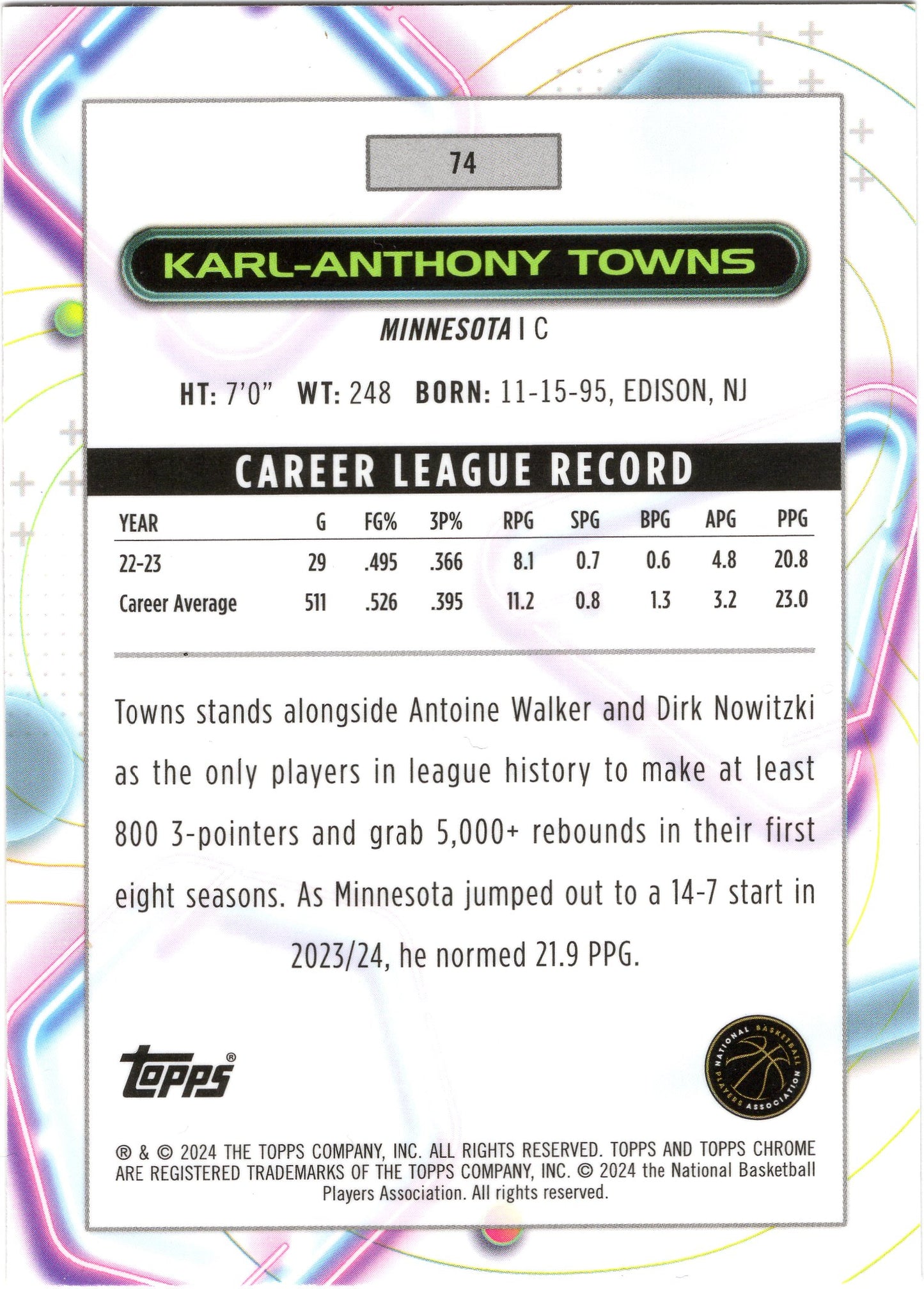 2023-24 Topps Chrome Cosmic #74 Karl-Anthony Towns
