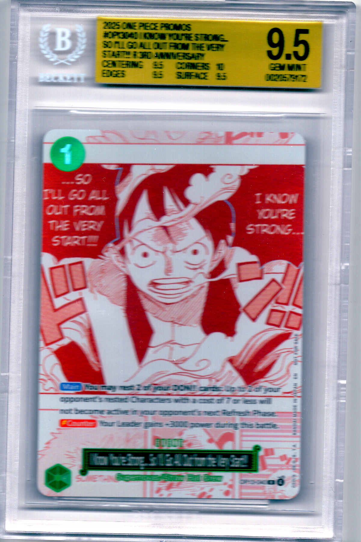 I Know You're Strong... So I'll Go All Out From the Very Start!! R OP13-040 Promo — BGS 9.5 Gem Mint (One Piece 3rd Anniversary)
