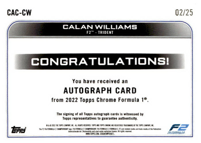 2022 Topps Chrome Formula 1 #94 Calan Williams Orange Refractor #/25