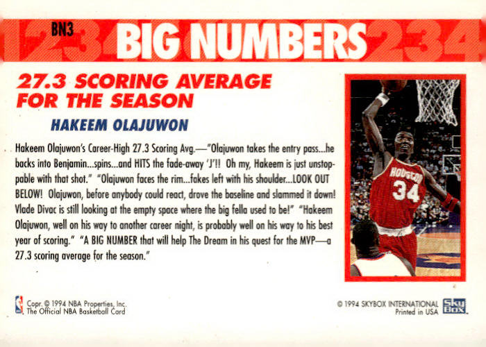1994-95 Hoops #BN3 Hakeem Olajuwon Big Numbers