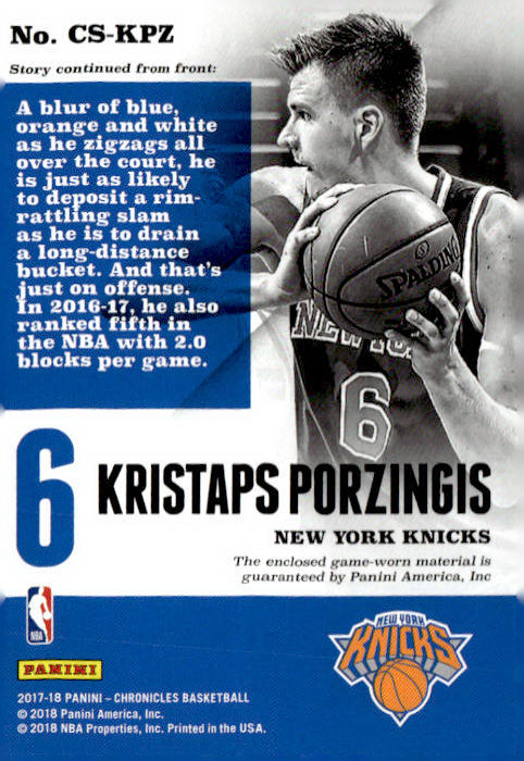 2017-18 Panini Chronicles #CS-KPZ Kristaps Porzingis Chronicles Swatches #/199