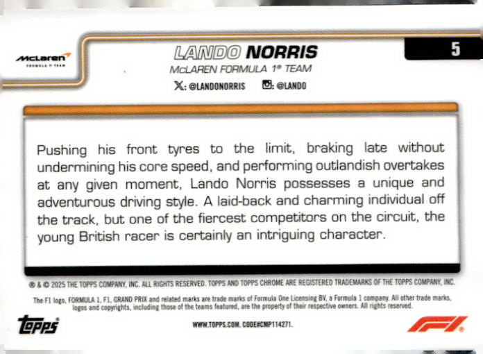 2025 Topps Chrome Formula 1 #5 Lando Norris F1 75th Anniversary Refractor #/75