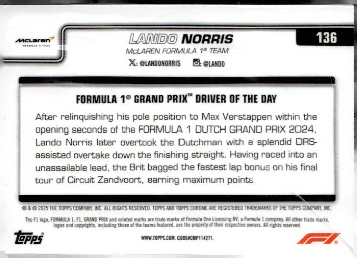 2025 Topps Chrome Formula 1 #136 Lando Norris F1 75th Anniversary Refractor #/75