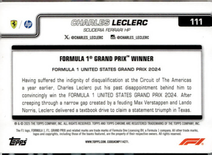 2025 Topps Chrome Formula 1 #111 Charles Leclerc Aqua RayWave Refractor #/199