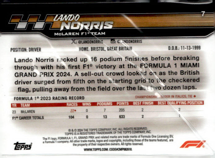 2024 Topps Paddock Pass Formula 1 #7a Lando Norris Chrome Green Refractor #/275