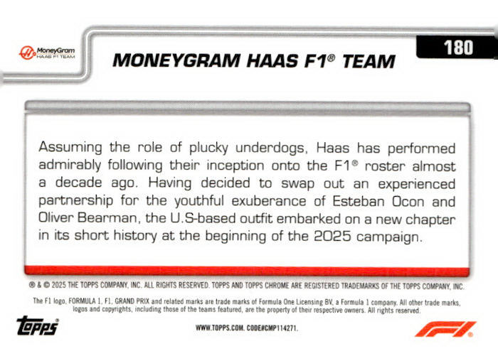 2025 Topps Chrome Formula 1 #180 MoneyGram Haas F1 Team LOGO