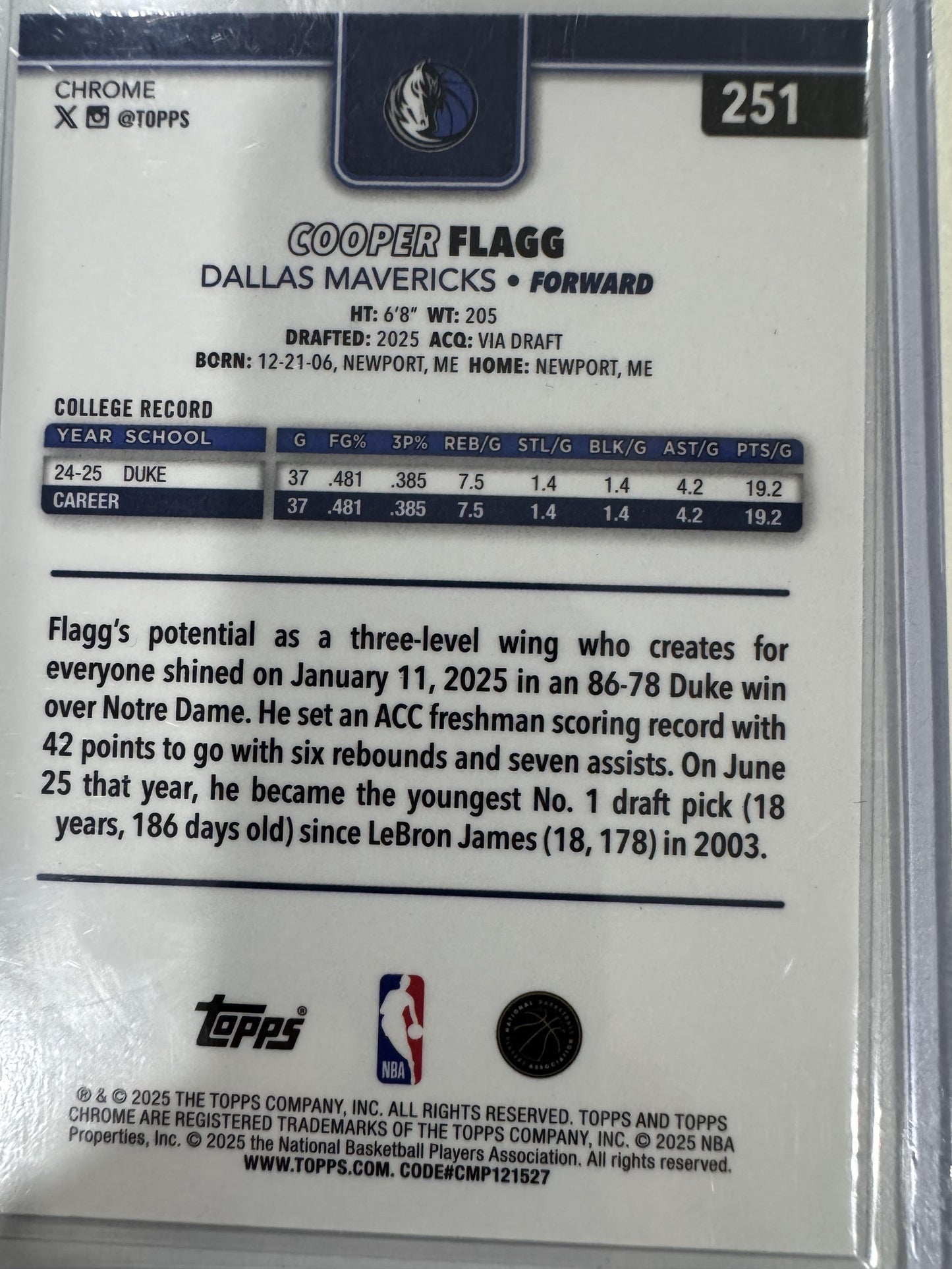 2025-26 Topps Chrome #251 Cooper Flagg