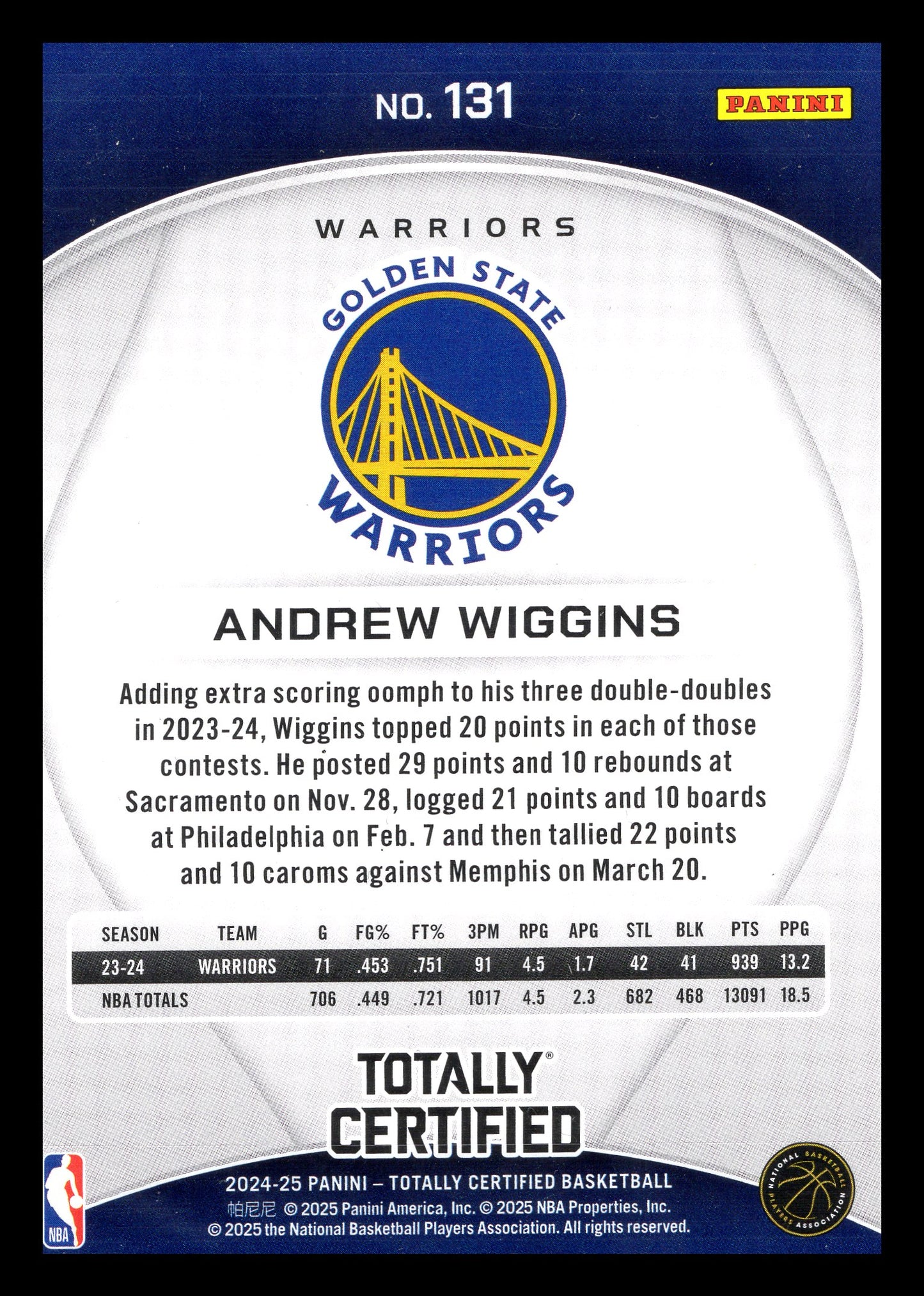 2024-25 Panini Totally Certified #131 Andrew Wiggins