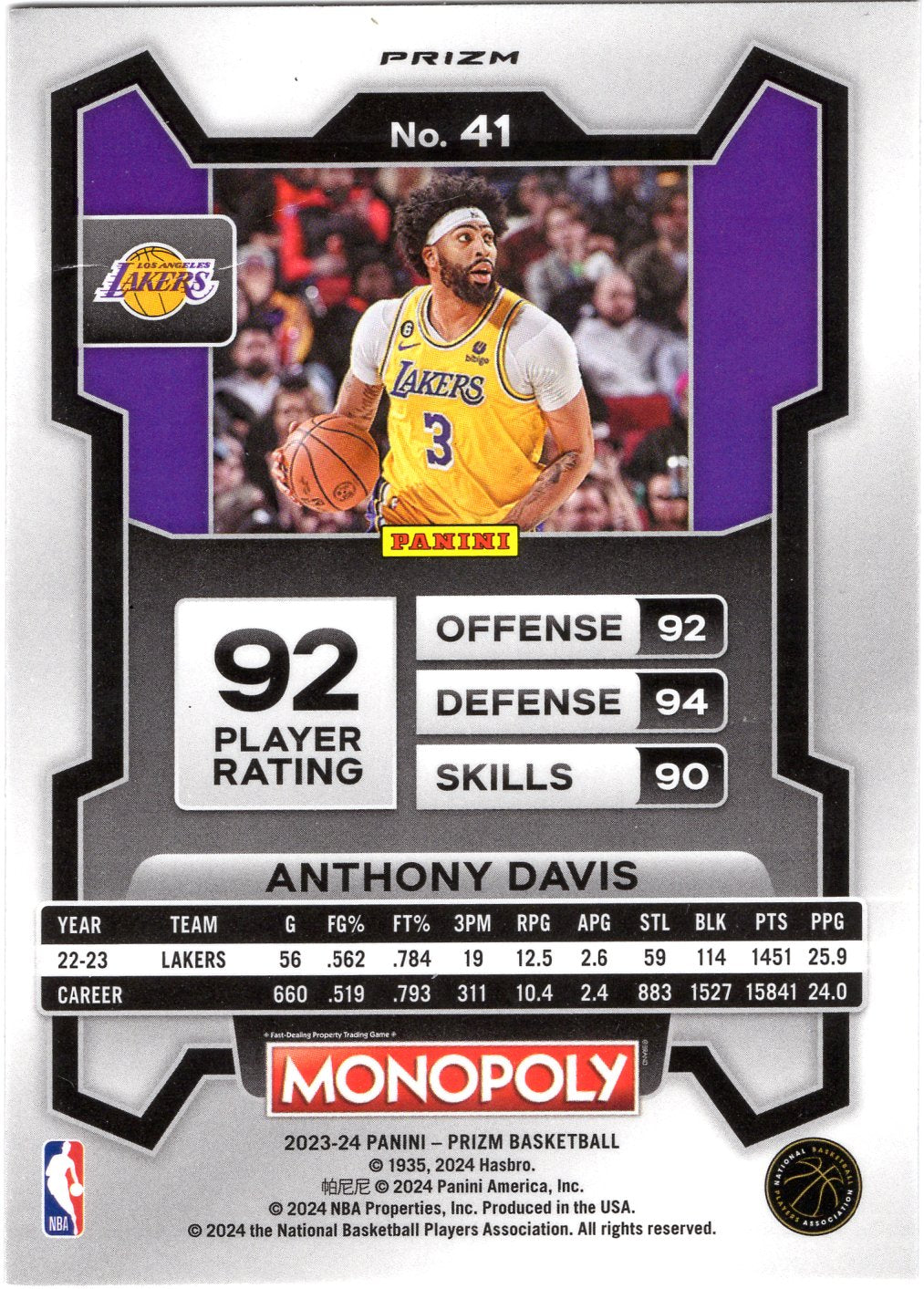 2023-24 Panini Prizm Monopoly #41 Anthony Davis Purple