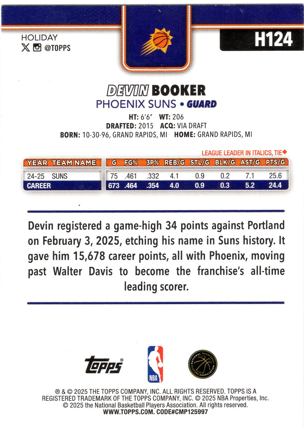 2025-26 Topps Holiday #H124 Devin Booker Light Blue and White Glitter Holiday