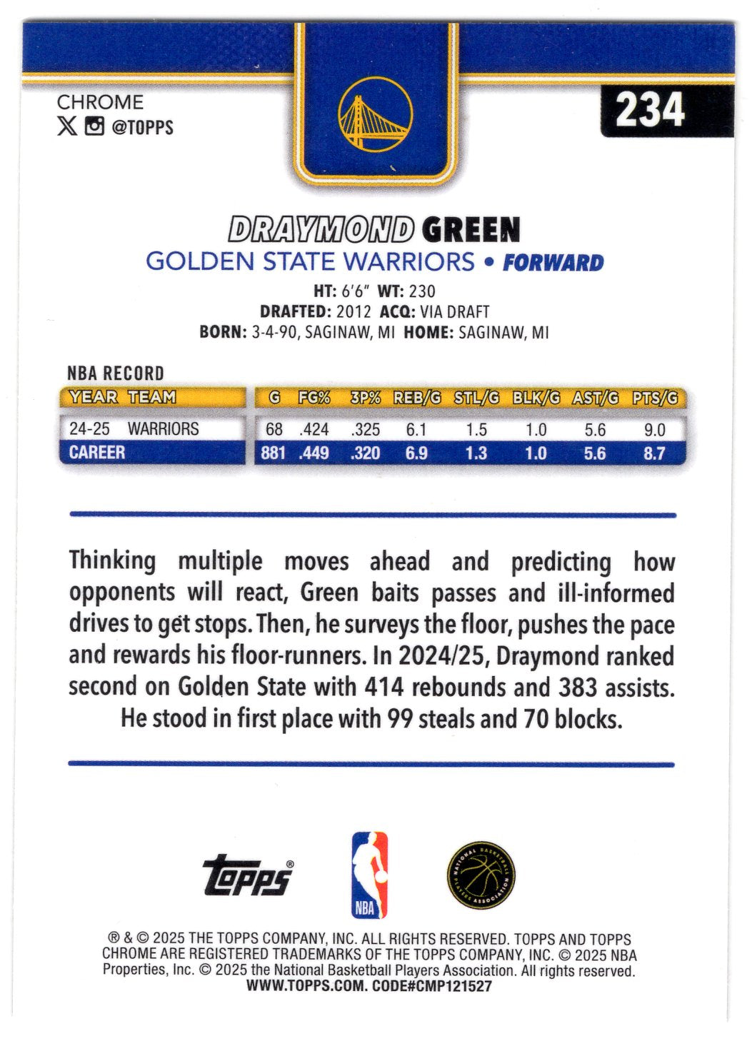 2025-26 Topps Chrome #234 Draymond Green Basketball Refractor