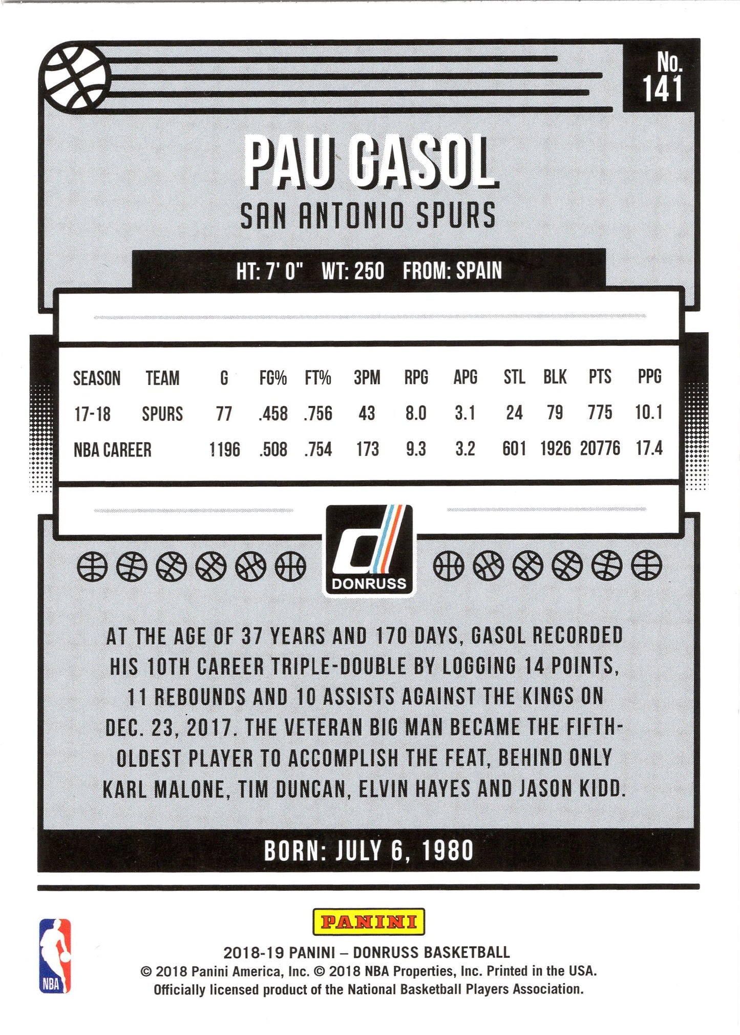 2018-19 Donruss #141 Pau Gasol