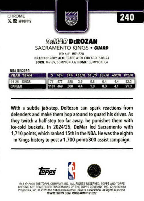 2025-26 Topps Chrome #240 DeMar DeRozan Red White and Blue Refractor
