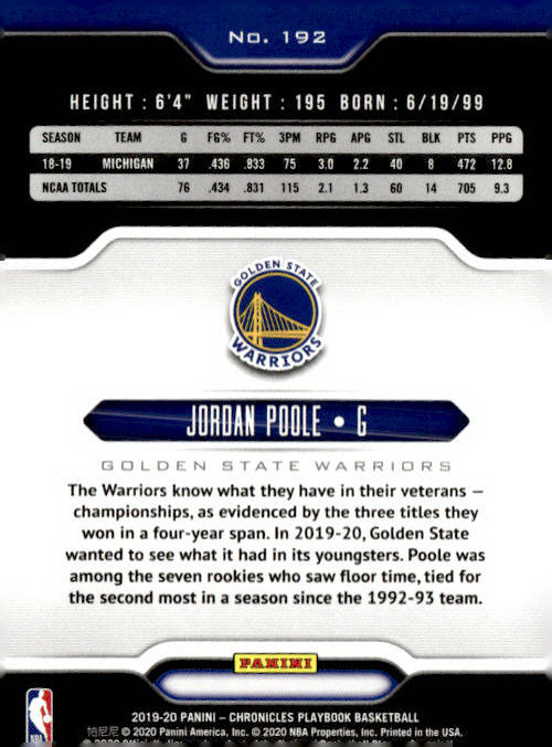 2019-20 Panini Chronicles #192 Jordan Poole