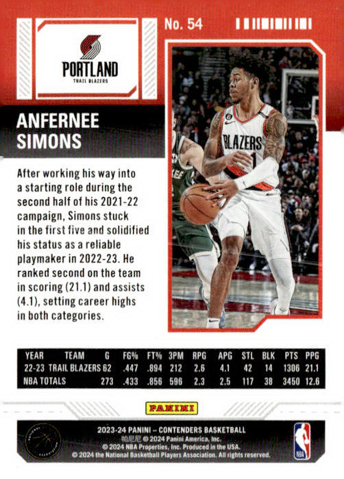 2023-24 Panini Contenders #54 Anfernee Simons