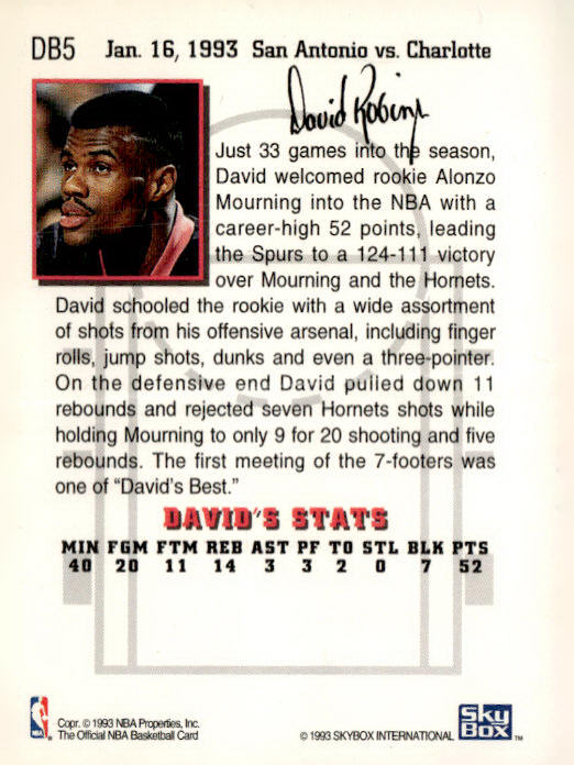 1993-94 Hoops #DB5 David Robinson David's Best