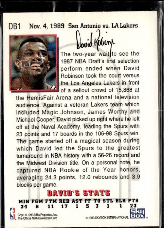 1993-94 Hoops #DB1 David Robinson David's Best