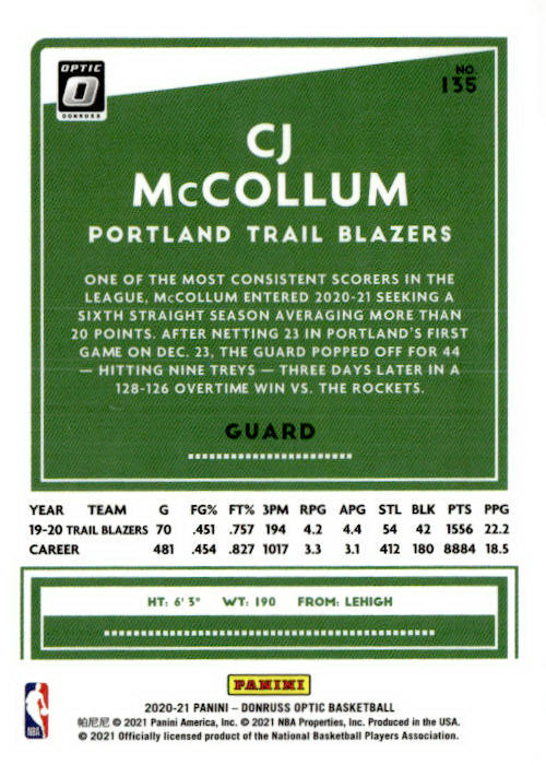 2020-21 Donruss Optic #135 CJ McCollum
