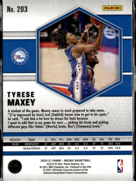 2020-21 Panini Mosaic #203 Tyrese Maxey